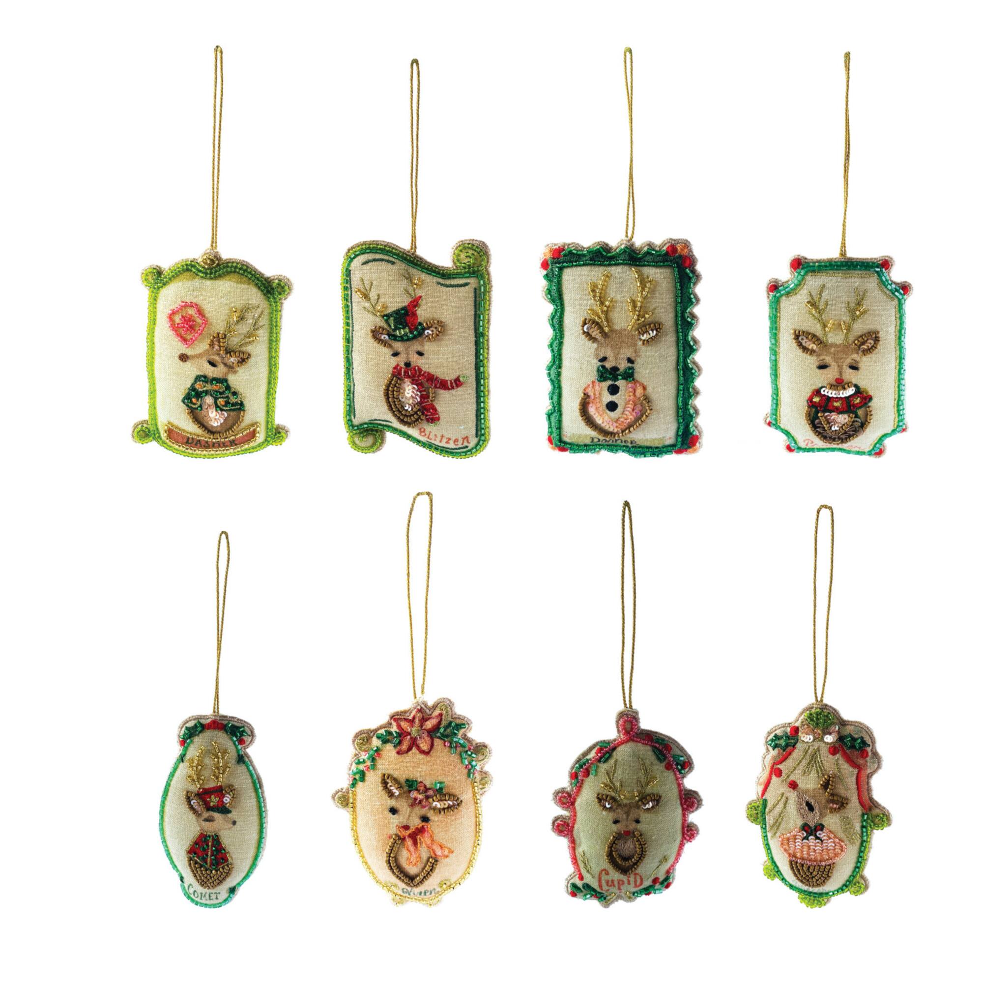 Hello Honey® 8 Pack Glass Bead Embroidered Santa's Reindeer Cotton Fabric Ornaments